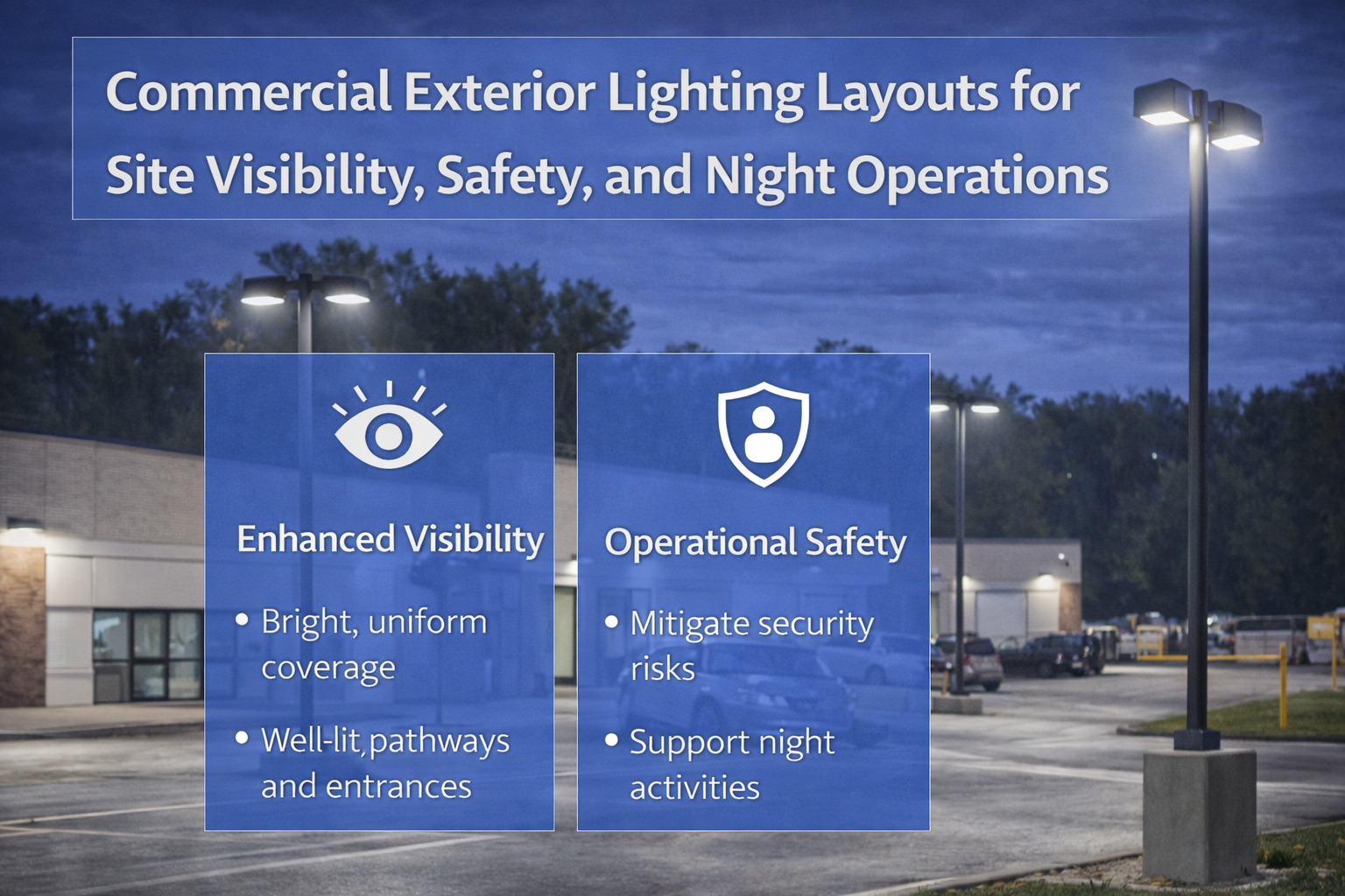 Commercial exterior lighting layouts using LED pole fixtures to support site visibility, safety, and night operations
