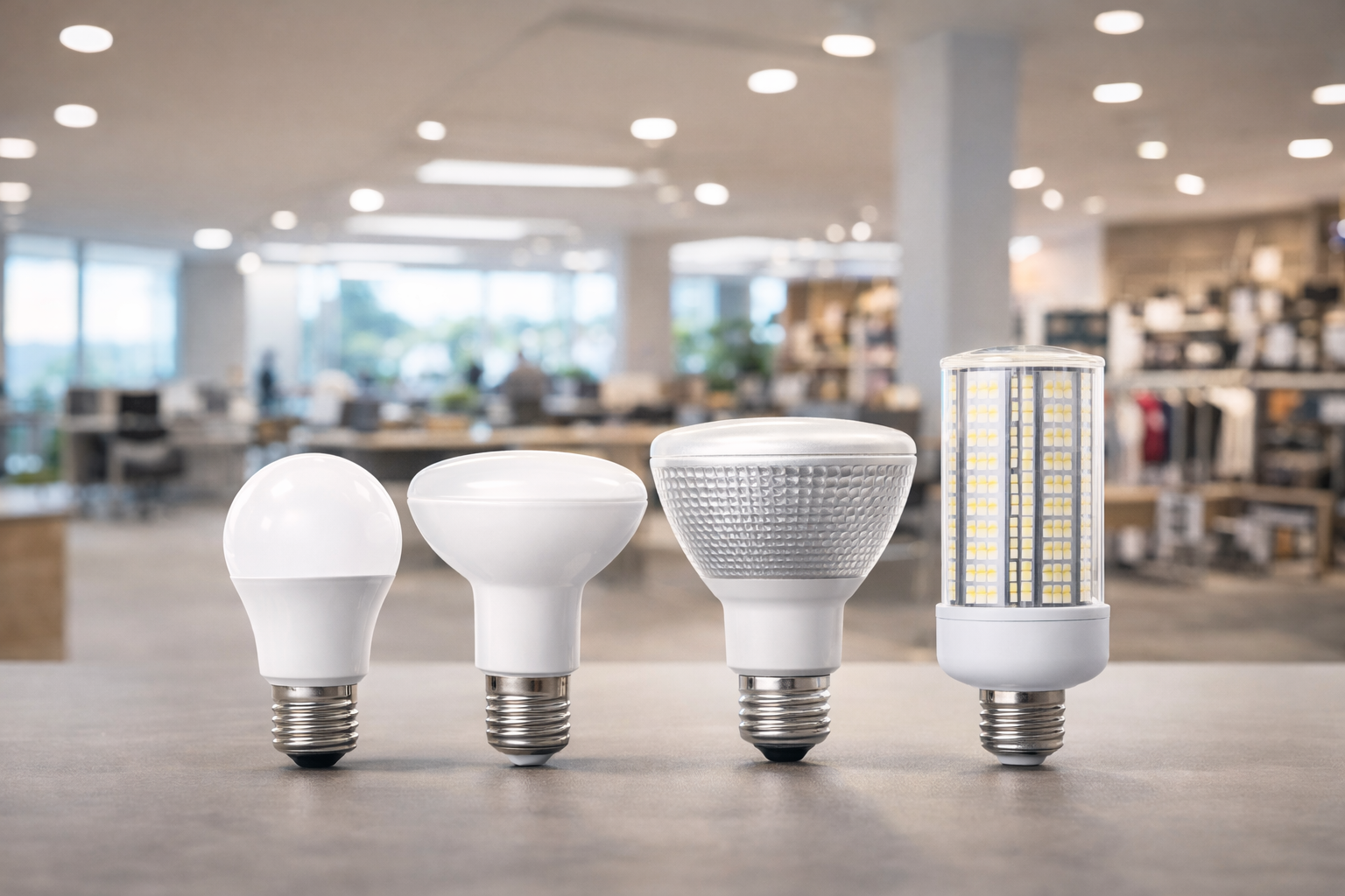 Different types of commercial LED bulbs including A19, BR30, PAR38, and corn-style lamps displayed in a commercial interior, illustrating common LED bulb applications.