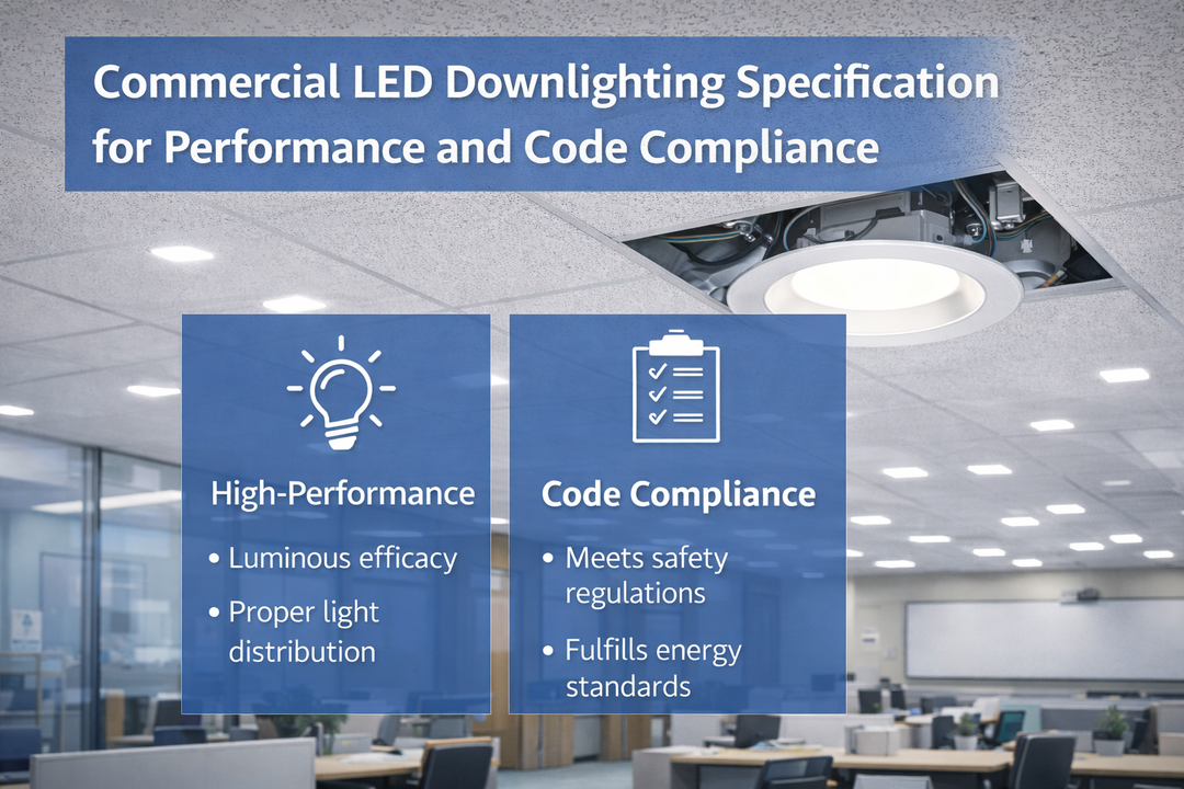 Commercial LED canless downlighting specification illustrating performance and electrical code compliance in office environments