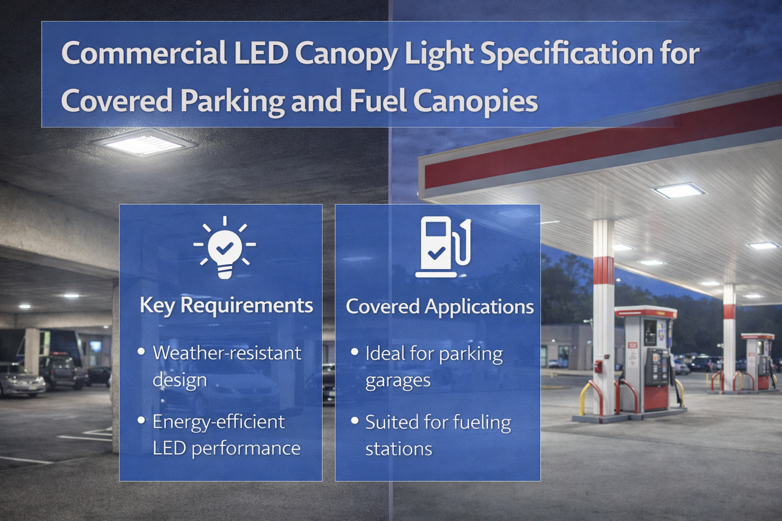 Commercial LED canopy light installation used for covered parking areas and fuel station canopies