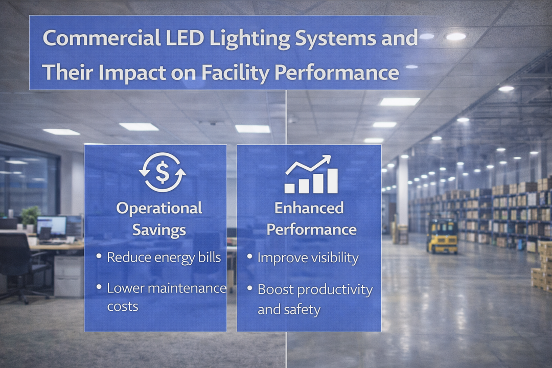 Commercial LED lighting systems installed in office and warehouse environments showing their impact on overall facility performance