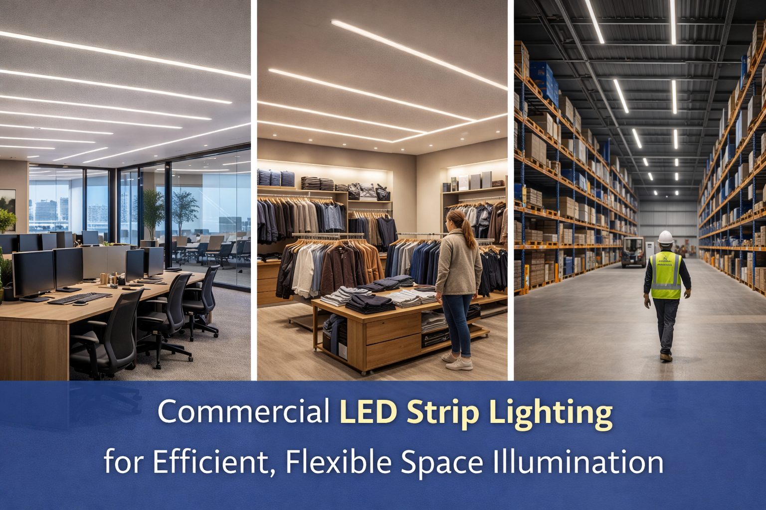 Split image showing LED strip lighting installed in a modern office, retail clothing store, and warehouse aisle, with on-image text highlighting commercial LED strip lighting for efficient, flexible space illumination.
