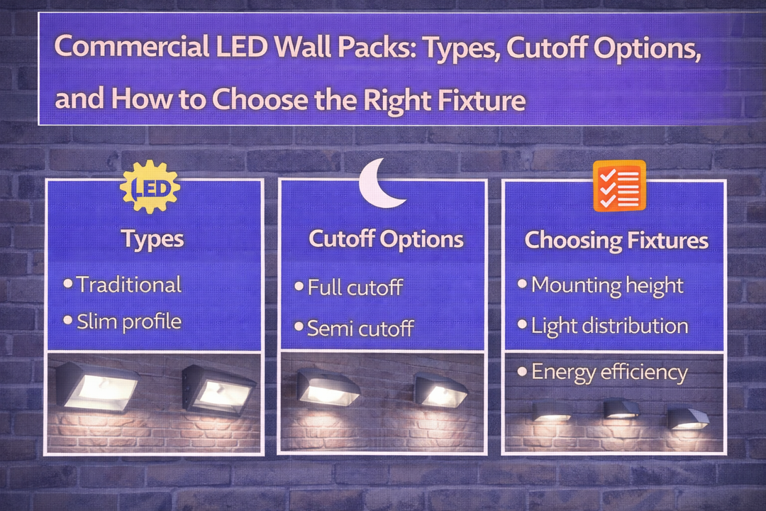 Commercial LED wall packs mounted on building exteriors illustrating fixture types, cutoff options, and selection considerations