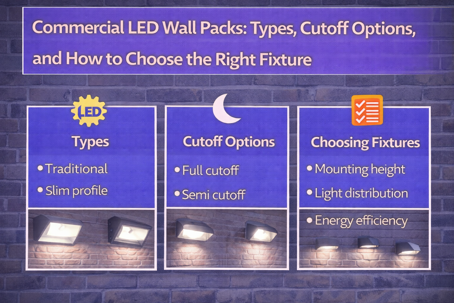 Commercial LED wall packs mounted on building exteriors illustrating fixture types, cutoff options, and selection considerations