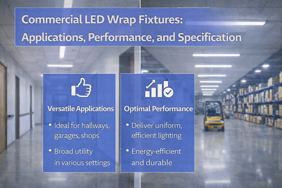 Commercial LED wrap fixtures installed in corridors and warehouse spaces to provide uniform general lighting