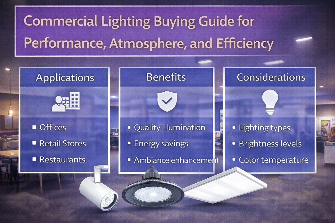 Commercial lighting buying guide illustrating applications, benefits, and considerations for performance, atmosphere, and efficiency in professional spaces