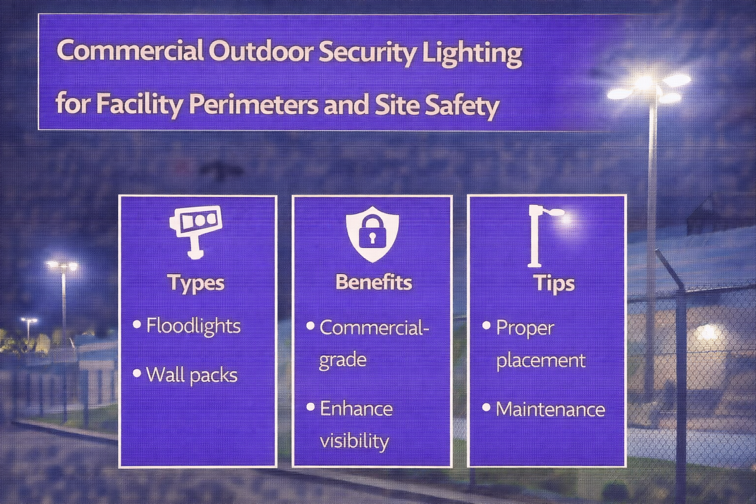 Commercial outdoor security lighting using LED pole and wall-mounted fixtures to illuminate facility perimeters and improve site safety