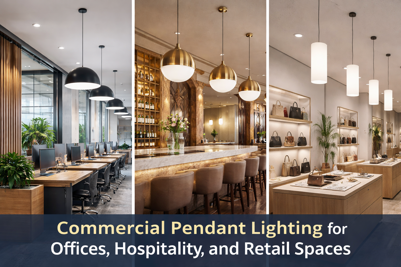 Pendant lighting installed in commercial office, hospitality, and retail environments, shown across multiple interior settings with on-image text highlighting commercial pendant lighting applications.