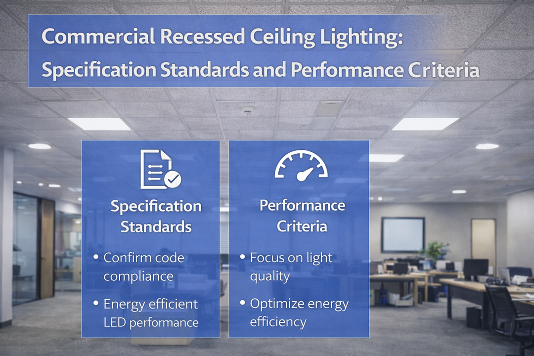 Commercial recessed ceiling lighting installed in an office environment illustrating specification standards and performance criteria