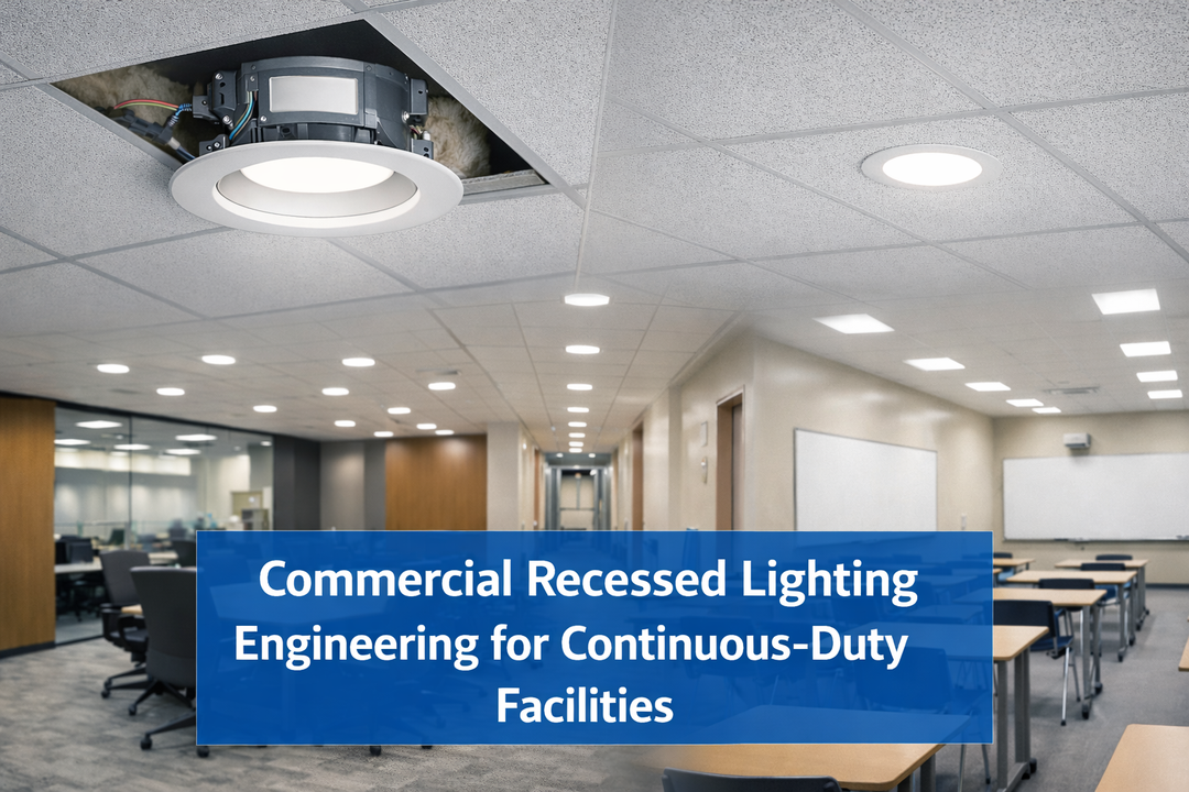 Commercial recessed LED lighting engineered for continuous-duty operation in offices, classrooms, and professional facilities