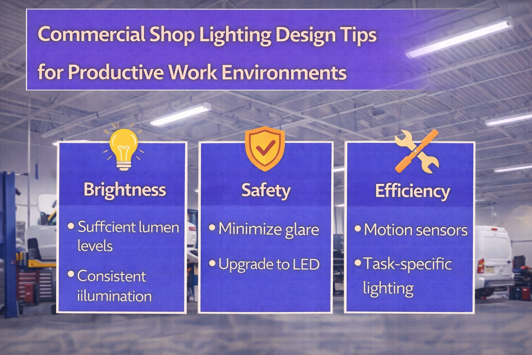 Commercial shop lighting design showing LED fixtures installed in a service and workshop environment to support productive work conditions