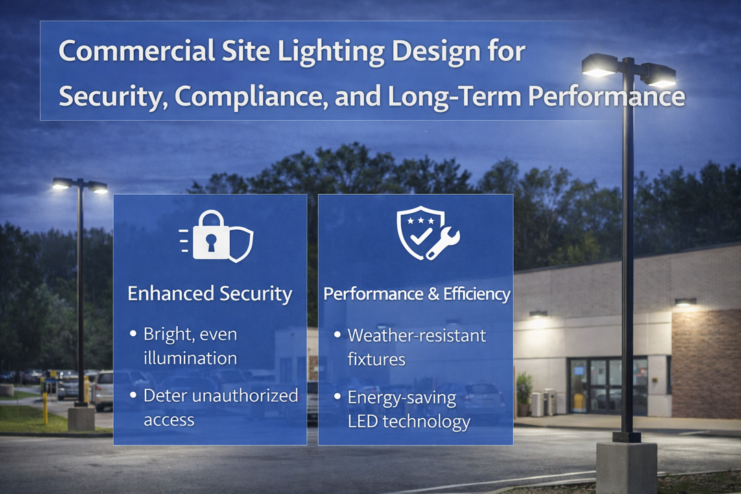 Commercial site lighting design using LED pole fixtures to support security, code compliance, and long-term exterior performance