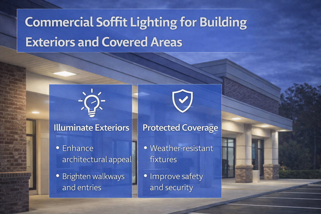 Commercial soffit lighting installed under building overhangs to illuminate exterior walkways and covered areas
