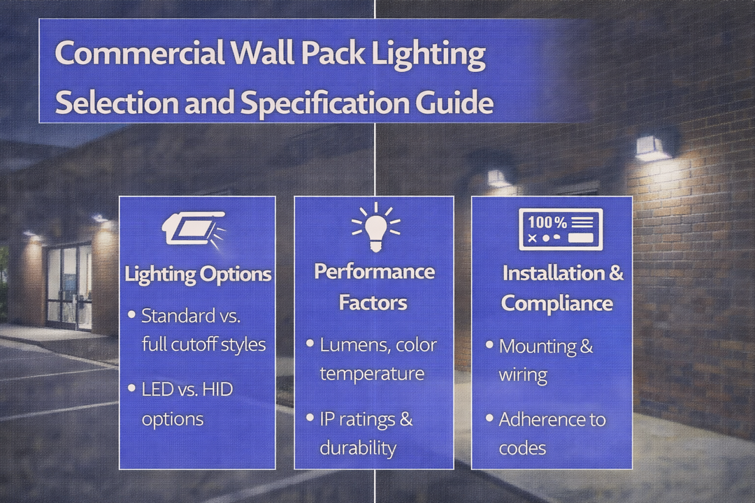 Commercial wall pack lighting installed on building exteriors illustrating selection and specification considerations