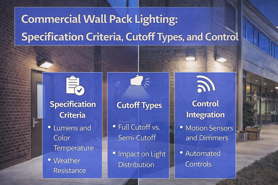 Commercial wall pack lighting installed on building exteriors illustrating specification criteria, cutoff types, and control integration