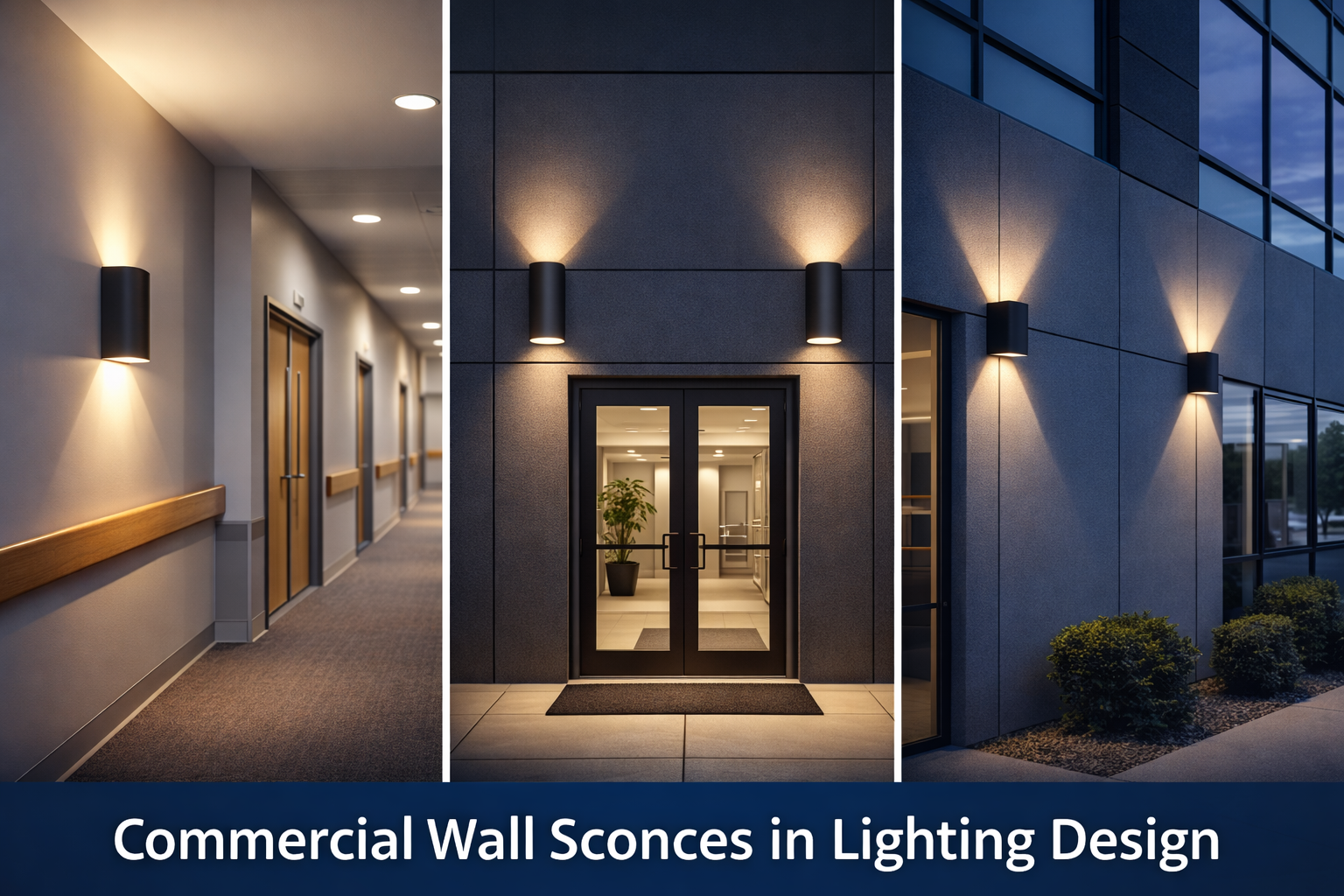 Commercial wall sconces installed in interior corridors and exterior building entrances, providing controlled up-and-down illumination that supports wayfinding, safety, and architectural lighting design.