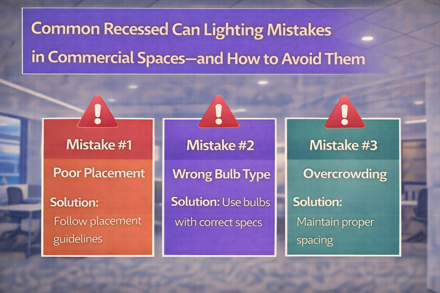 Common recessed can lighting mistakes shown in a commercial office environment with guidance on placement, lamp selection, and spacing