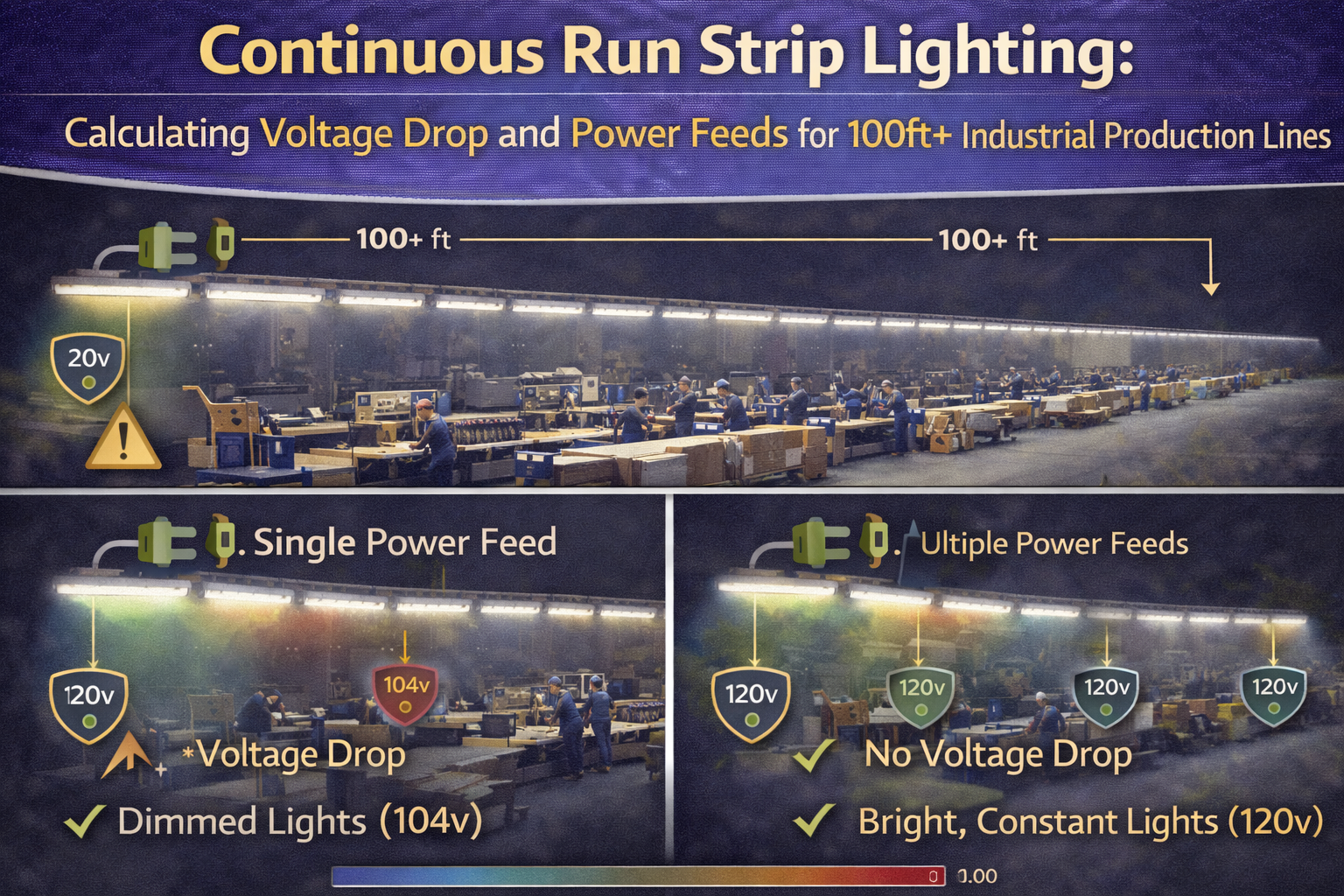 Diagram of continuous run LED strip lighting in an industrial production line illustrating voltage drop over 100-foot runs and the use of multiple power feeds to maintain consistent light output