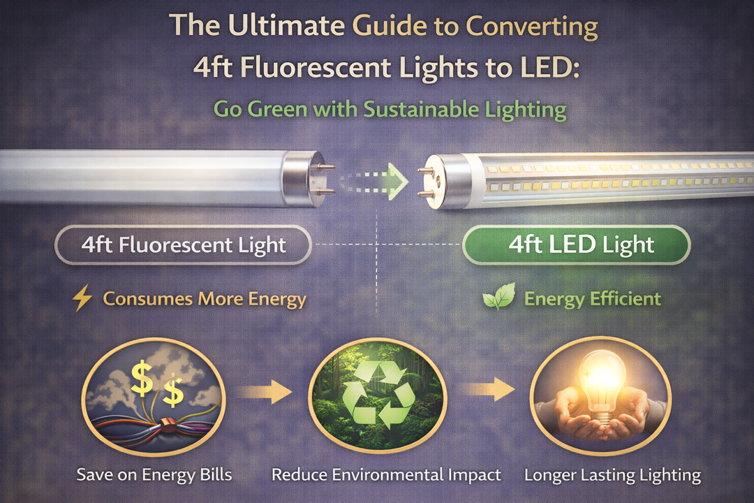 Infographic showing the conversion of 4ft fluorescent lights to LED, highlighting energy savings, sustainability, and longer lifespan