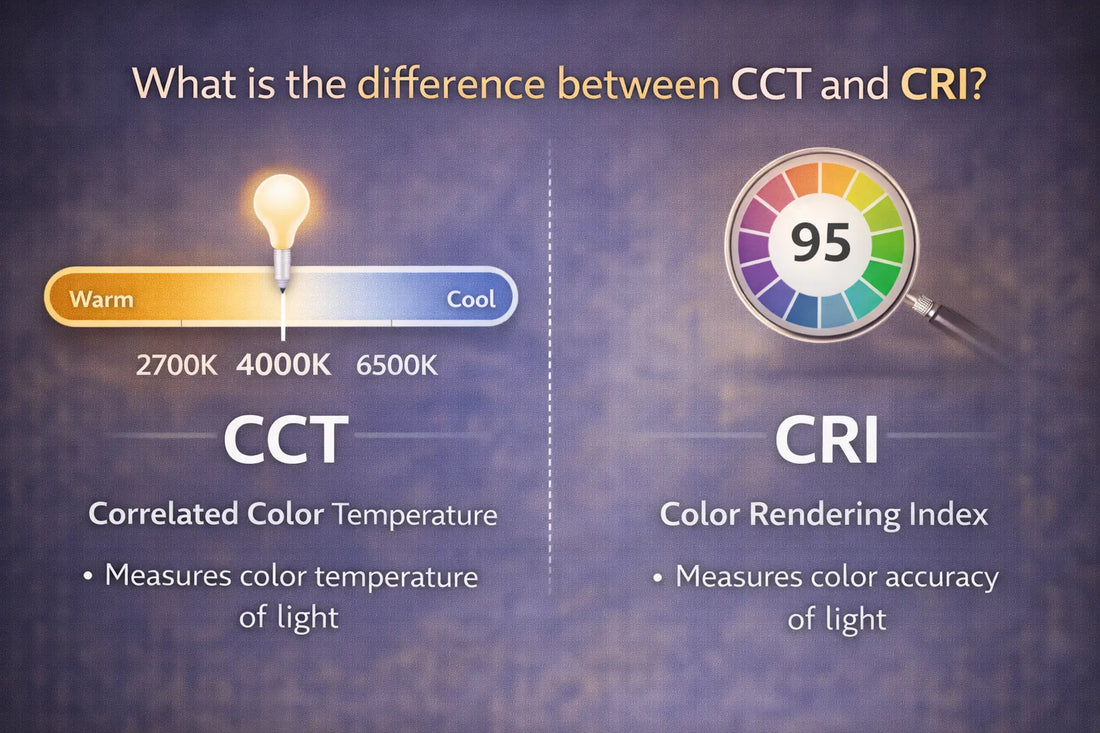 Infographic explaining the difference between CCT and CRI, comparing color temperature scale with color rendering accuracy