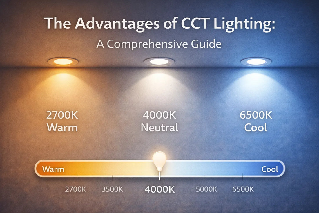 Illustration showing the advantages of CCT lighting with warm, neutral, and cool color temperature options labeled from 2700K to 6500K