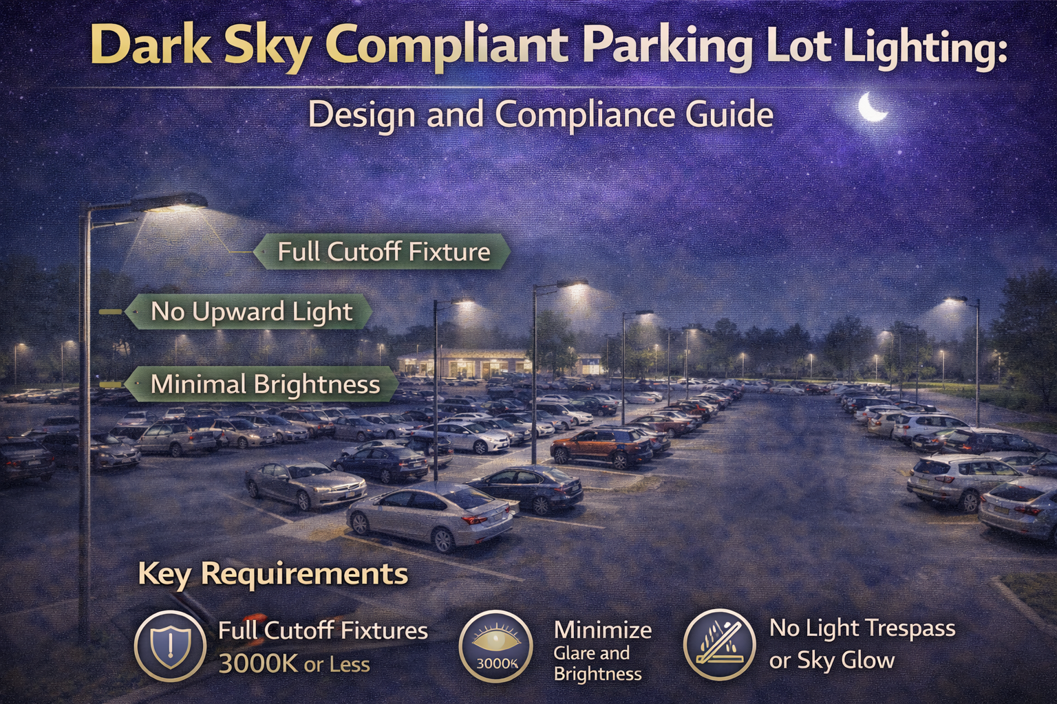 Nighttime commercial parking lot illuminated with full cutoff LED fixtures demonstrating dark sky compliant lighting design that minimizes glare, uplight, and light trespass