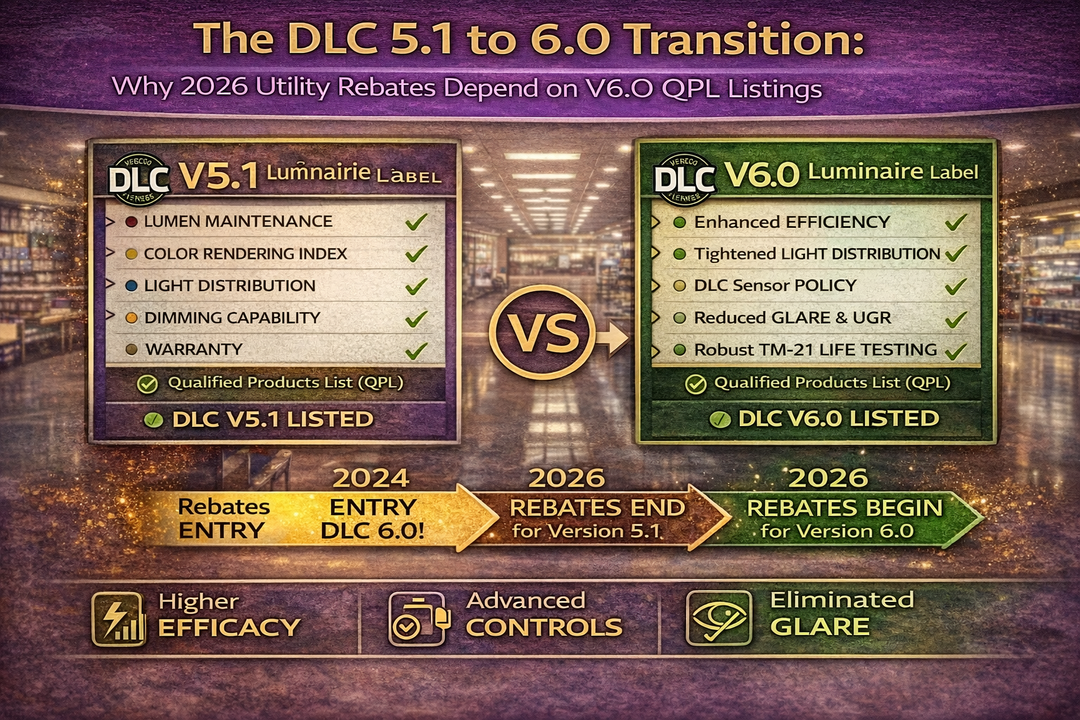 Infographic illustrating the transition from DLC 5.1 to DLC 6.0 lighting requirements, showing why 2026 utility rebates depend on products listed on the DLC V6.0 Qualified Products List