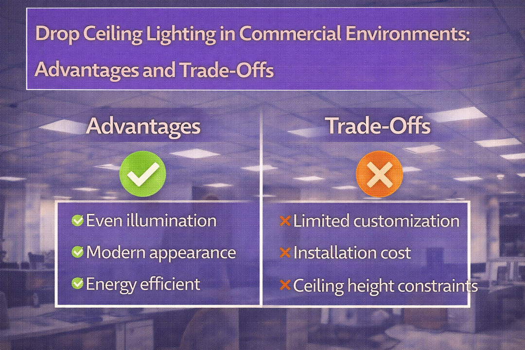 Drop ceiling lighting installed in a commercial office environment illustrating advantages and trade-offs of suspended ceiling systems