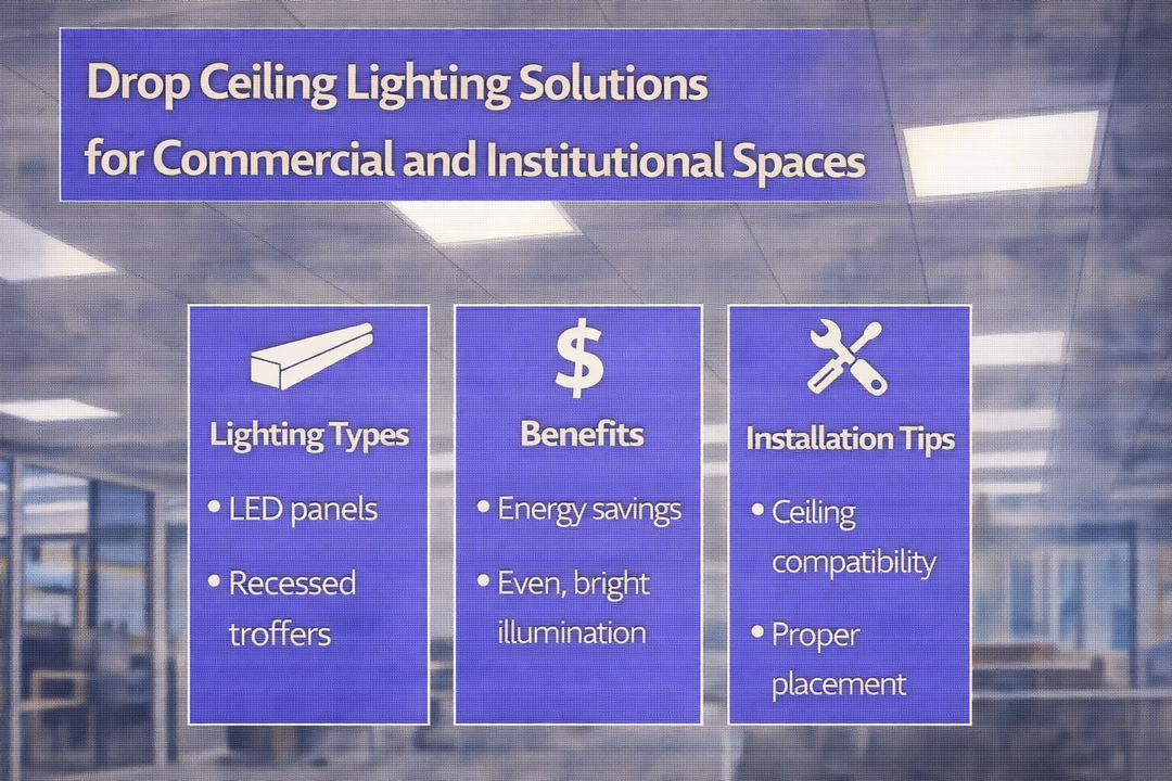 Drop ceiling lighting solutions using LED panels and recessed troffers in commercial and institutional interior spaces