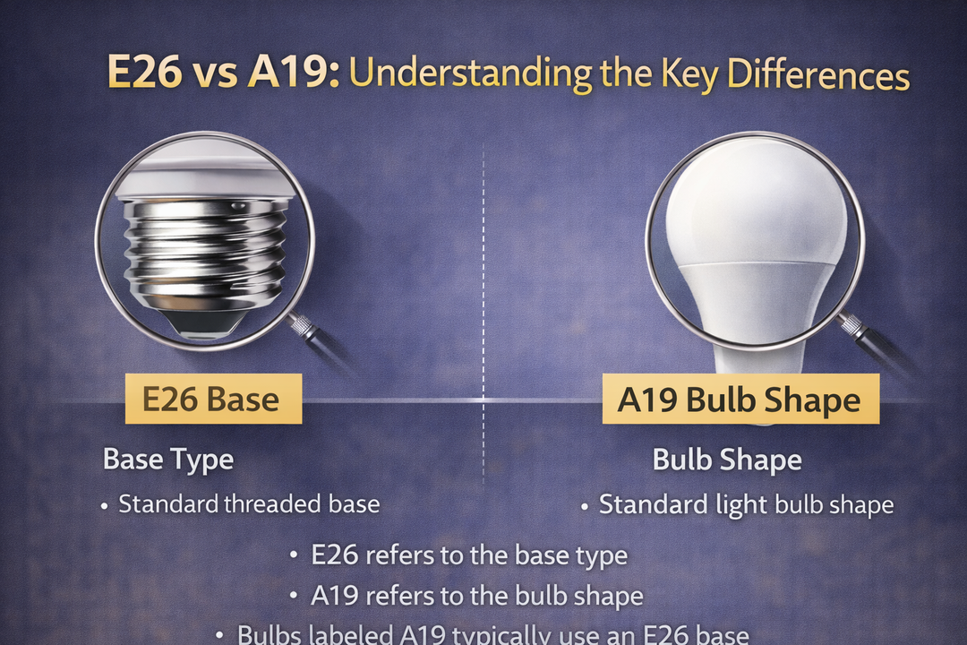 Infographic comparing E26 bulb bases and A19 bulb shapes, explaining the key differences between base type and bulb shape