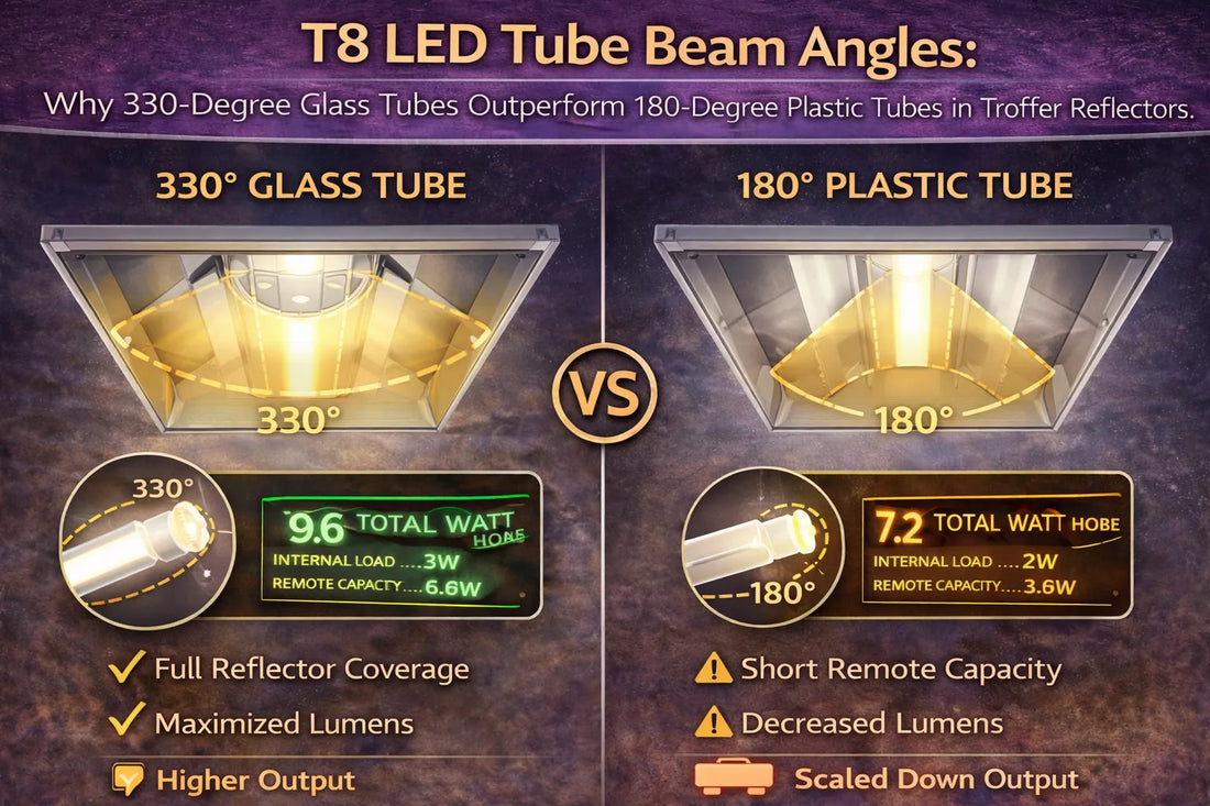 T8 LED tube beam angle comparison showing 330-degree glass tubes providing full troffer reflector coverage and higher lumen output versus 180-degree plastic tubes with limited light distribution