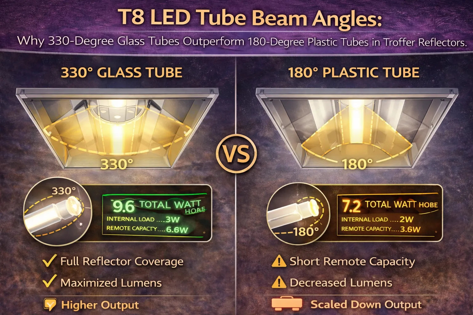 T8 LED tube beam angle comparison showing 330-degree glass tubes providing full troffer reflector coverage and higher lumen output versus 180-degree plastic tubes with limited light distribution
