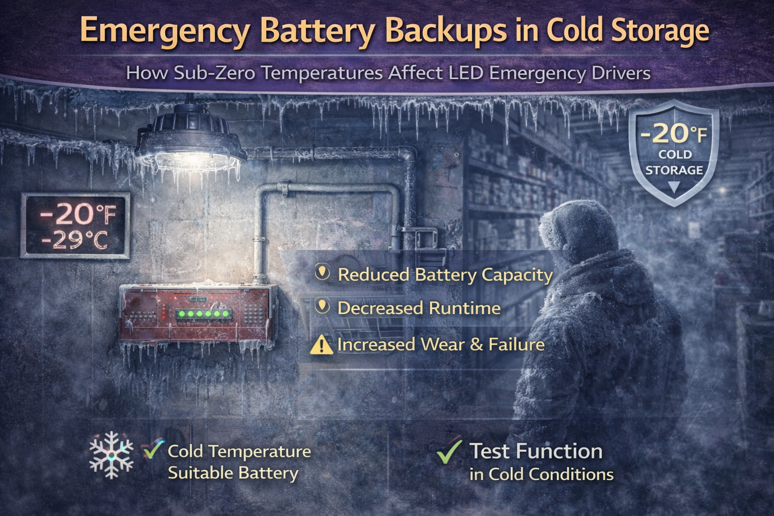 Cold storage facility showing LED emergency lighting battery backup performance at sub-zero temperatures, illustrating reduced battery capacity, decreased runtime, and increased wear on emergency drivers