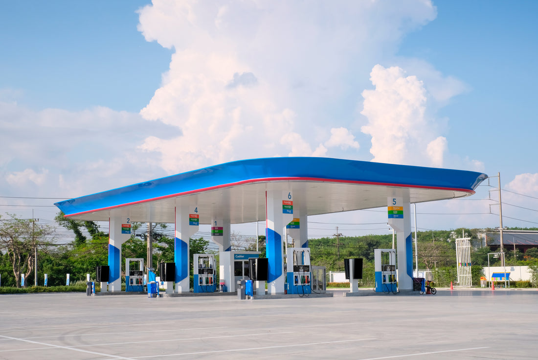 Empty gas station with blue sky