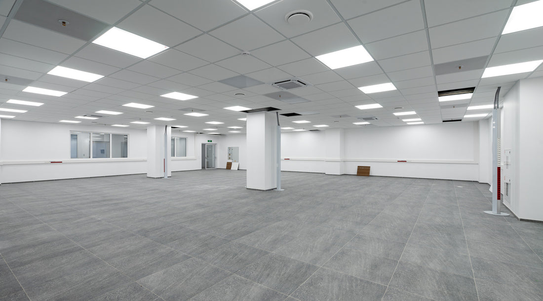 Empty office space with drop ceiling lights installed