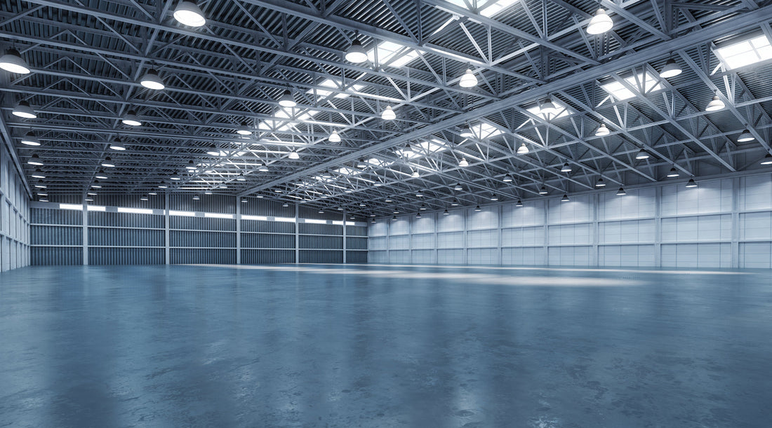 Empty warehouse with LED high bay lights