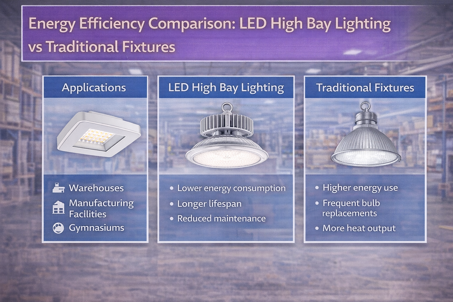 Comparison of LED high bay lighting and traditional high bay fixtures in a warehouse showing differences in energy use, lifespan, and maintenance