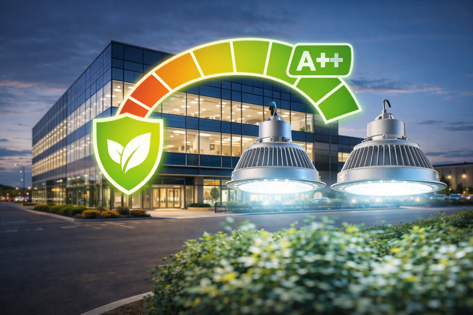 Energy-efficient LED lighting illuminating a commercial building exterior at dusk, with high bay fixtures highlighting reduced energy use and sustainability benefits.