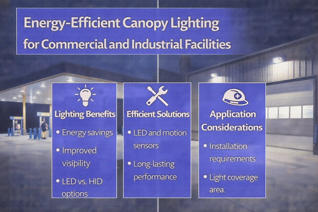 Energy-efficient LED canopy lighting installed at commercial and industrial facilities to illuminate covered parking and service areas