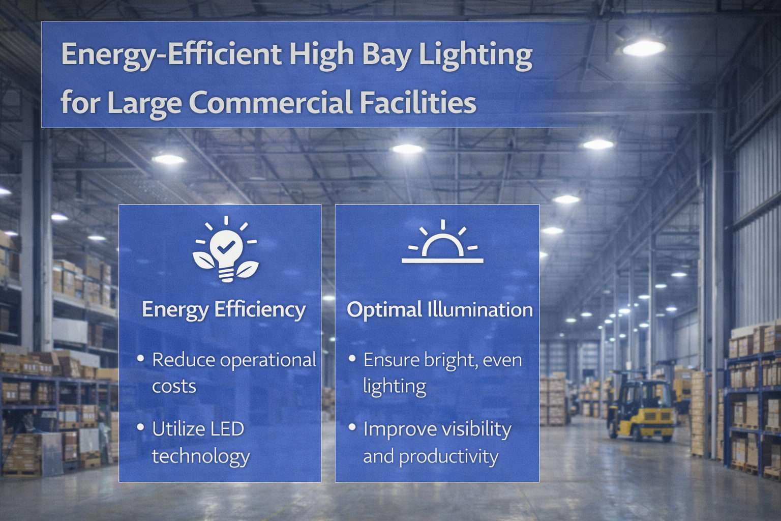 Energy-efficient high bay LED lighting installed in a large commercial facility to provide uniform illumination across high ceilings