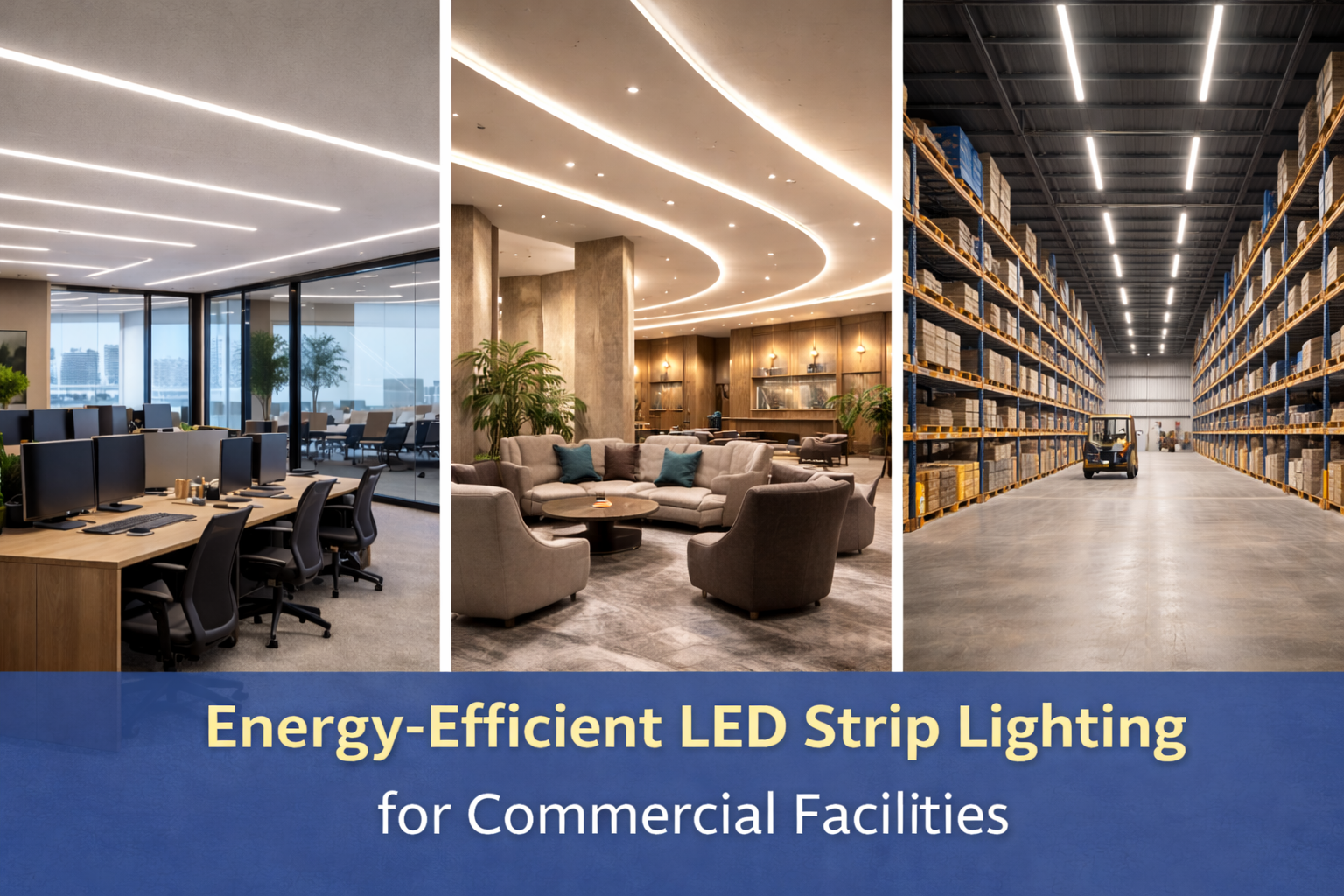 Split image showing LED strip lighting installed in a modern office, a commercial lobby, and a warehouse aisle, with on-image text highlighting energy-efficient LED strip lighting for commercial facilities.