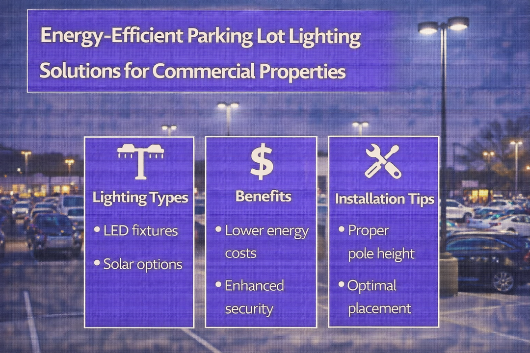 Energy-efficient parking lot lighting using LED pole fixtures to illuminate commercial properties and improve site visibility