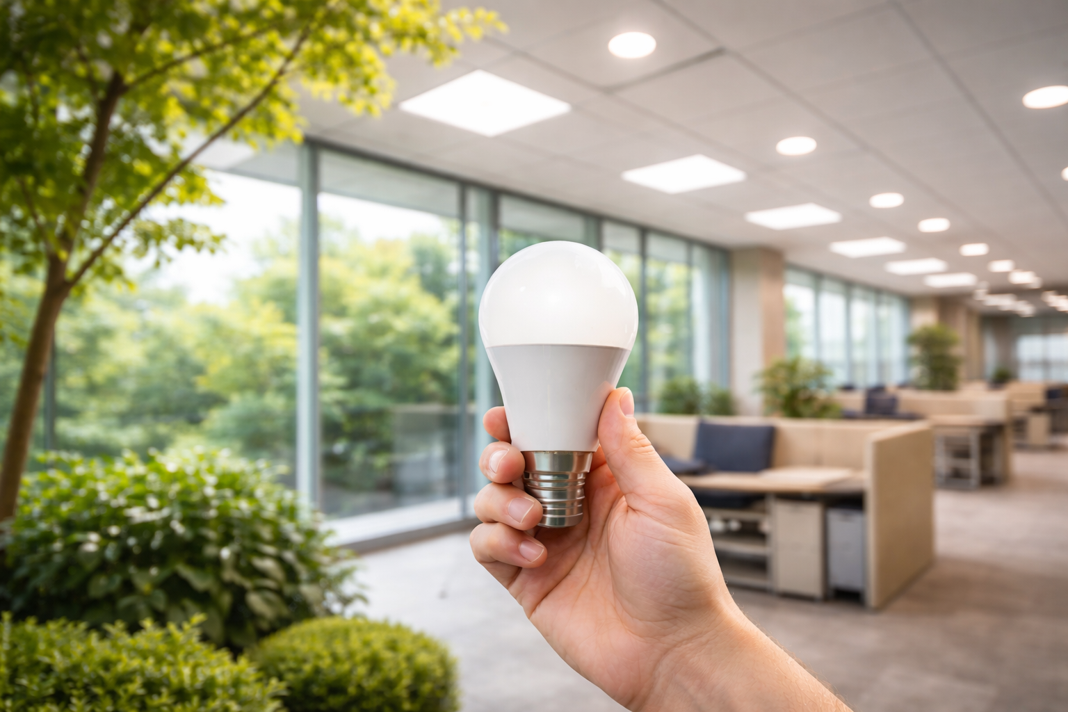 Person holding an energy-efficient LED bulb inside a commercial or institutional interior, illustrating the environmental benefits of LED lighting.