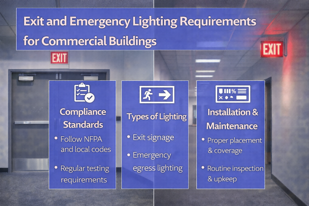 Exit and emergency lighting installed in commercial building corridors showing illuminated exit signs and egress lighting