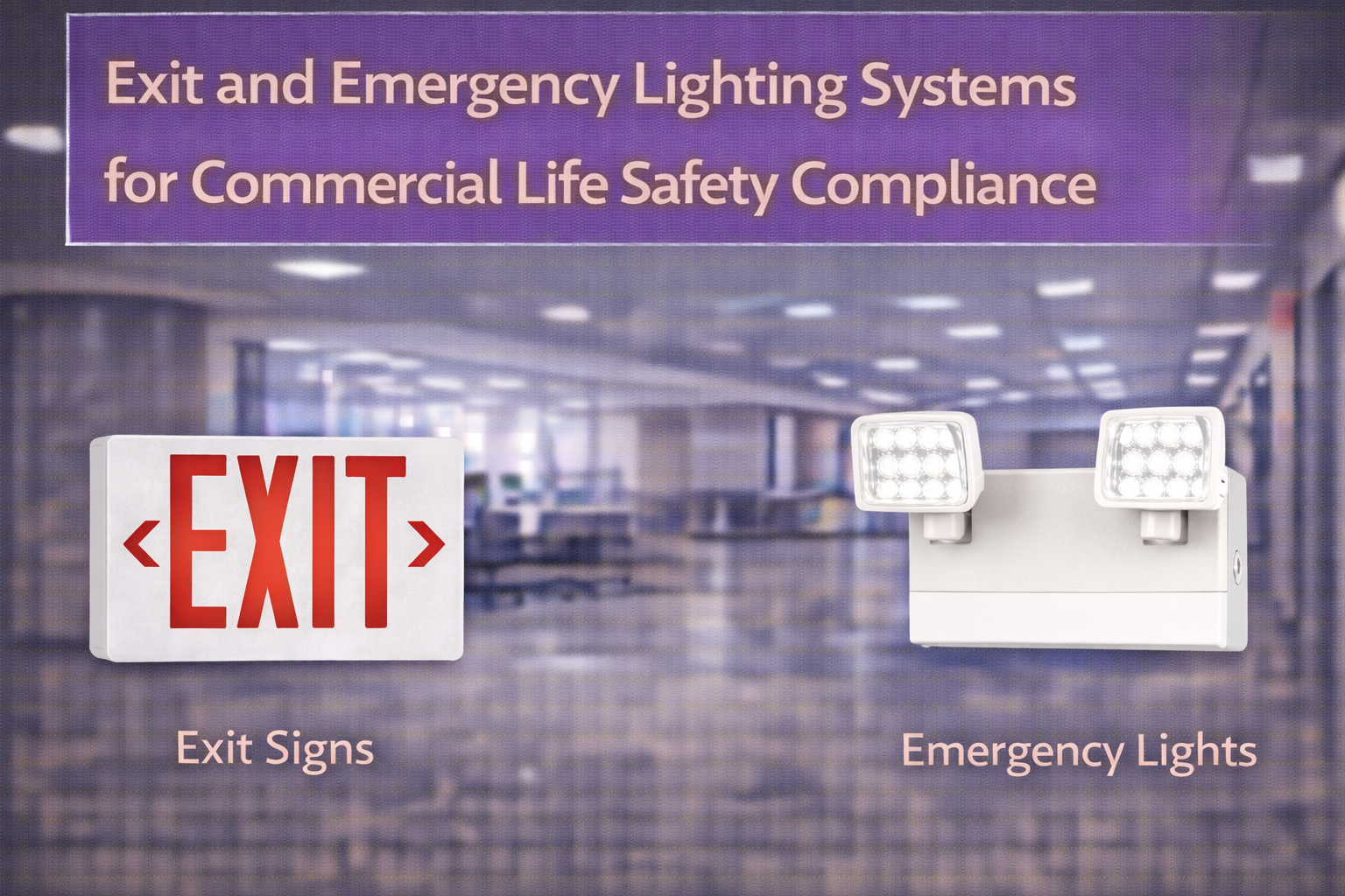Exit sign and emergency lighting unit installed in a commercial corridor to support life safety and code compliance
