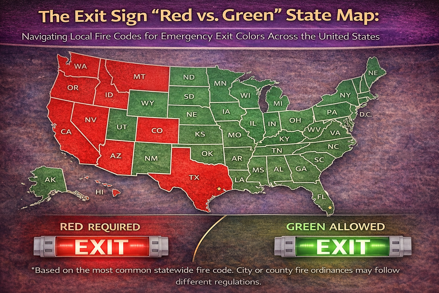 United States state map showing where red exit signs are required versus where green exit signs are allowed, illustrating how local fire codes affect emergency exit color selection across different states