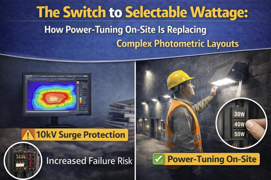 Comparison showing selectable wattage LED fixtures with on-site power tuning replacing complex photometric lighting layouts in commercial and industrial applications