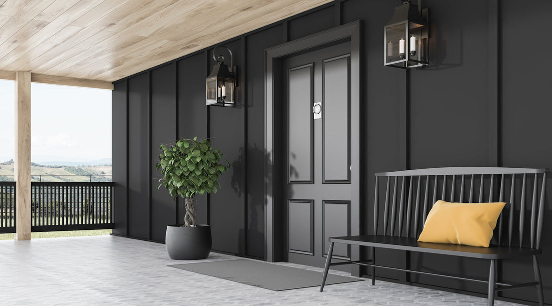 Front porch with black outdoor wall lights