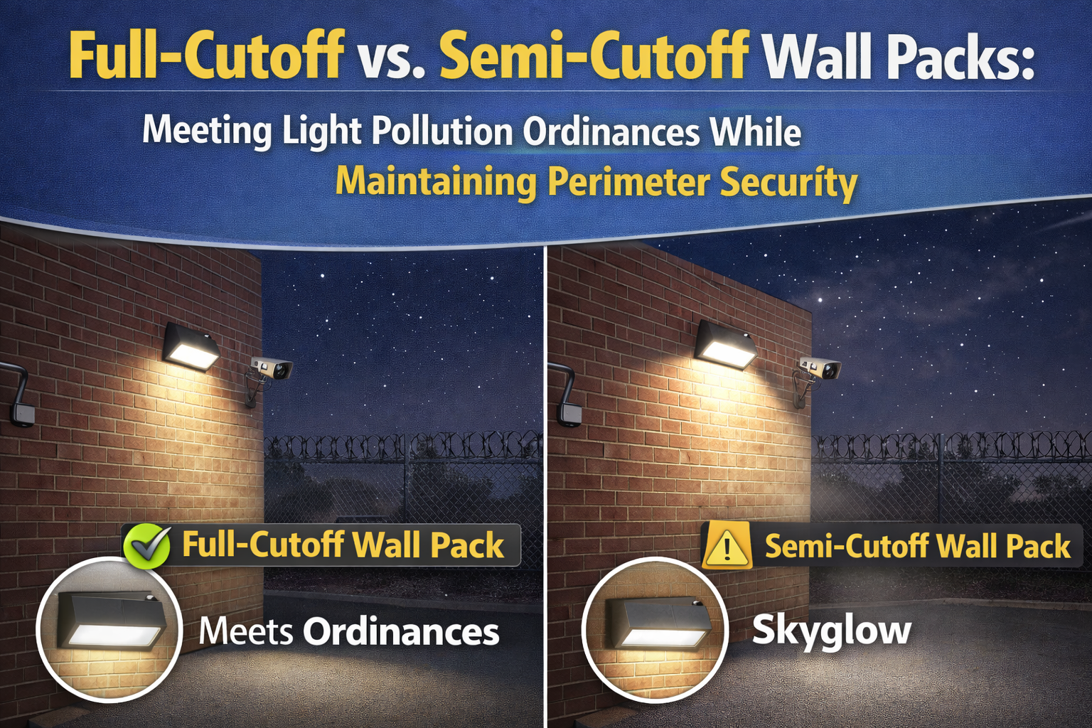 Side-by-side comparison of full-cutoff and semi-cutoff LED wall packs on a commercial building exterior showing reduced skyglow and light pollution compliance while maintaining perimeter security