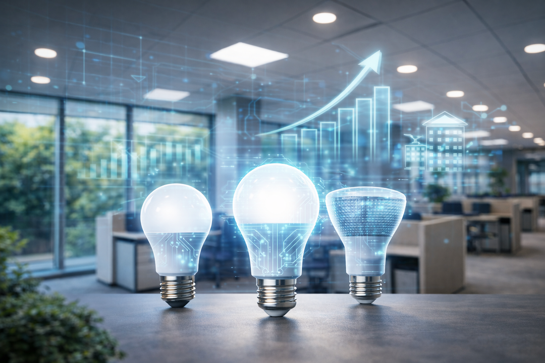 LED bulb designs displayed in a modern commercial office setting with digital graphics illustrating technology advancement and future trends in commercial and institutional lighting.